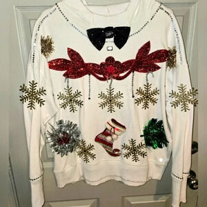 1 of a Kind Custom Handmade Ugly Christmas Sweater Hoodie Sequins Women's XL XXL
